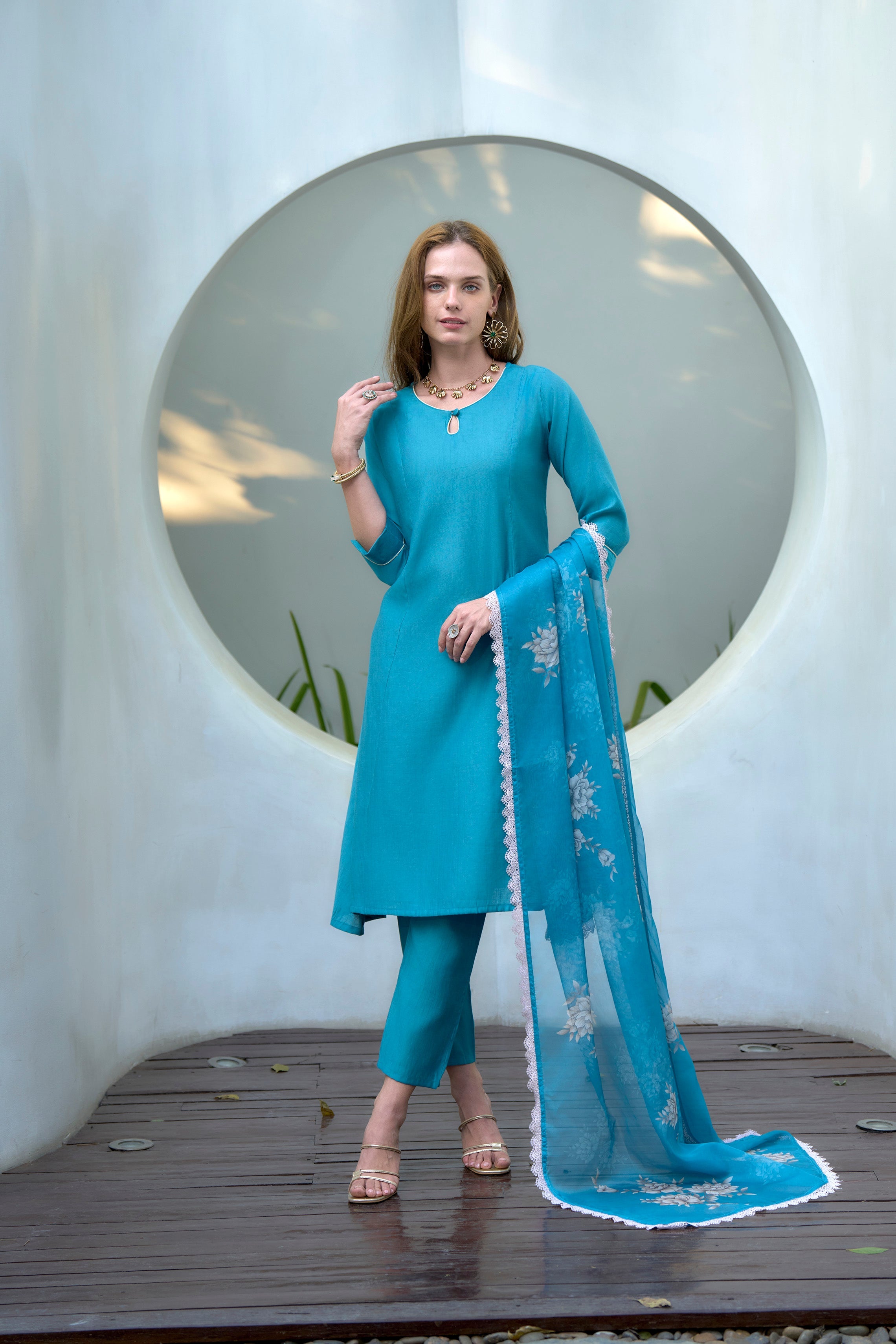 Sky Blue Vatican Kurti Set with 3/4 Sleeves and Organza Dupatta with Vatican Pant